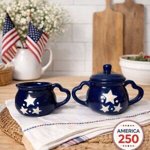 Sandstone Sugar Bowl Creamer Set VTG Americana Cottage Kitchen Patriotic USA